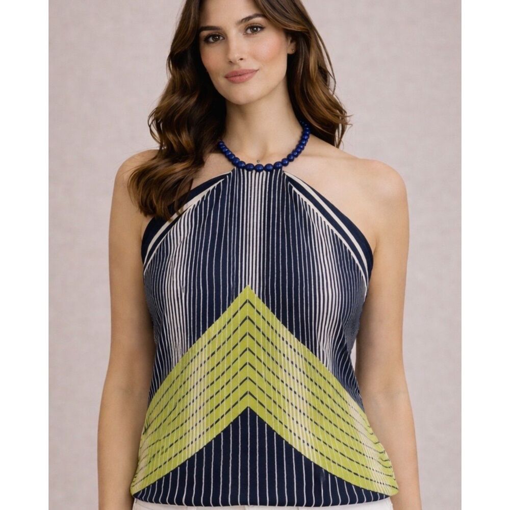 Navy Green Geometric Square Scarf Multi Wear Halter Neck Head Wrap Striped
